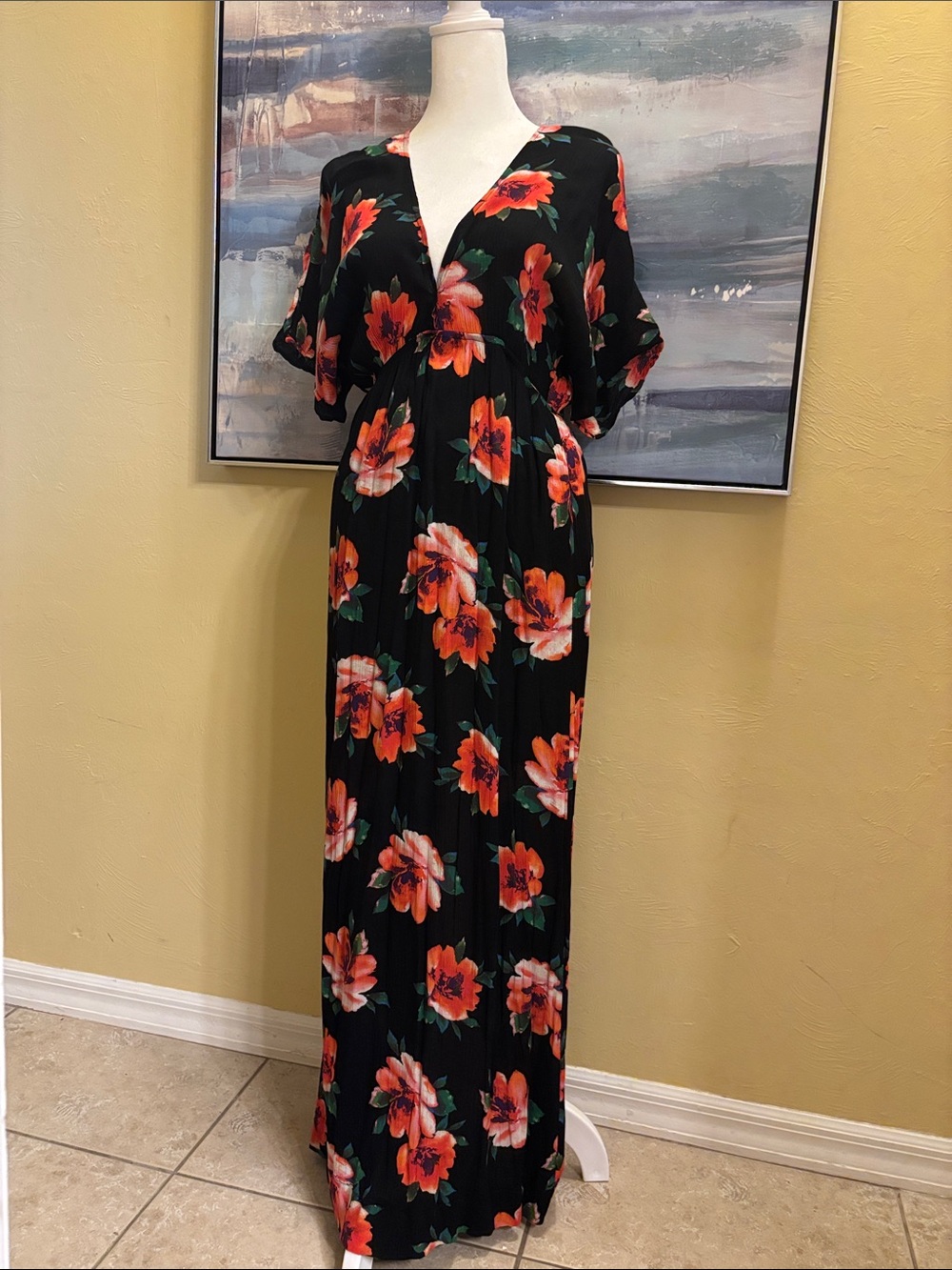 Forever 21 Black Maxi Dress with Bright Orange Floral Print